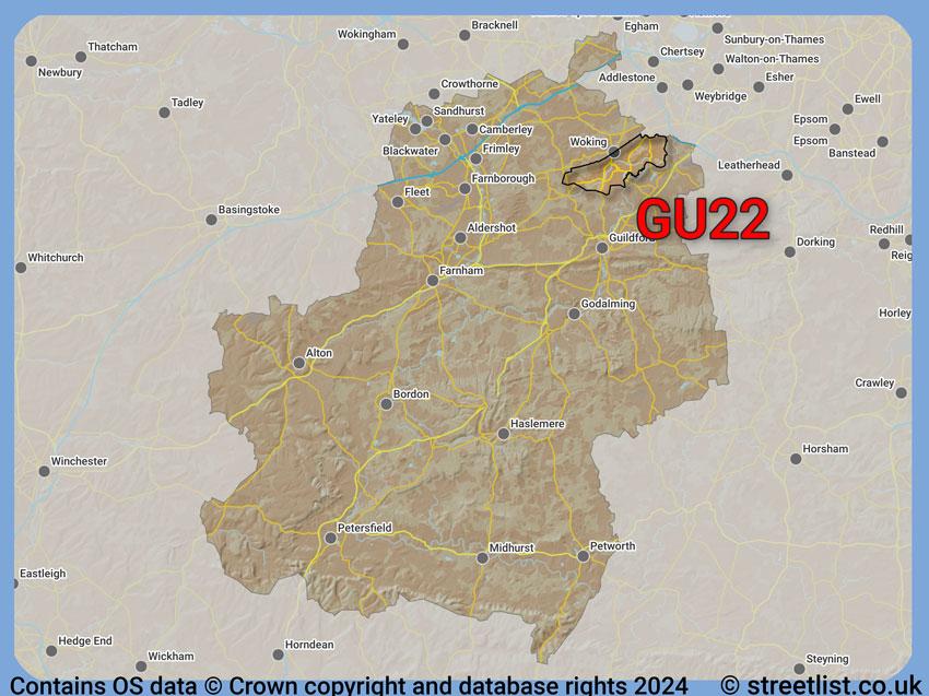 Where the GU22 postcode district lies within the wider  postcode area