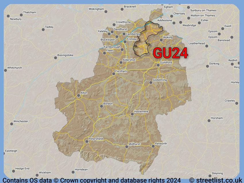 Where the GU24 postcode district lies within the wider  postcode area