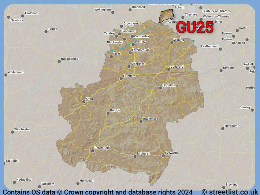 Where the GU25 postcode district lies within the wider  postcode area