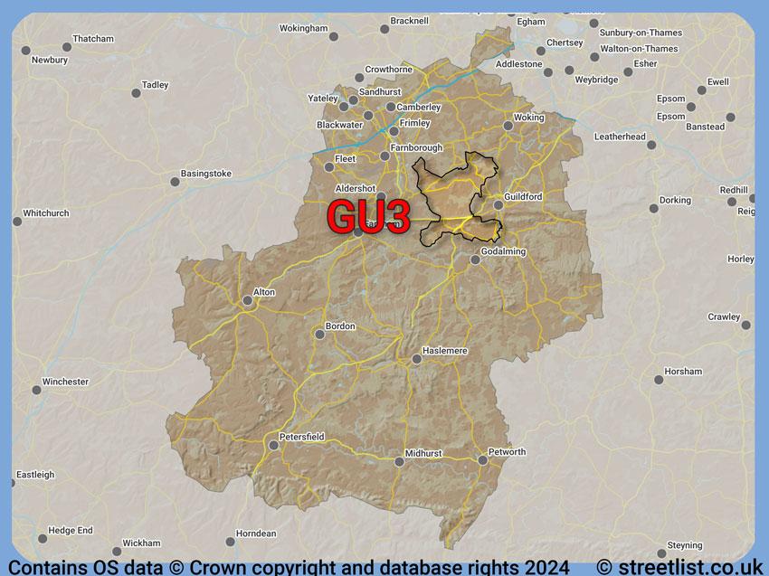 Where the GU3 postcode district lies within the wider  postcode area