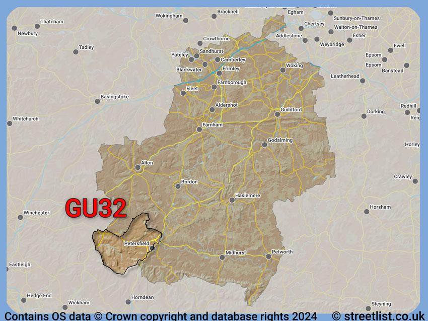 Where the GU32 postcode district lies within the wider  postcode area