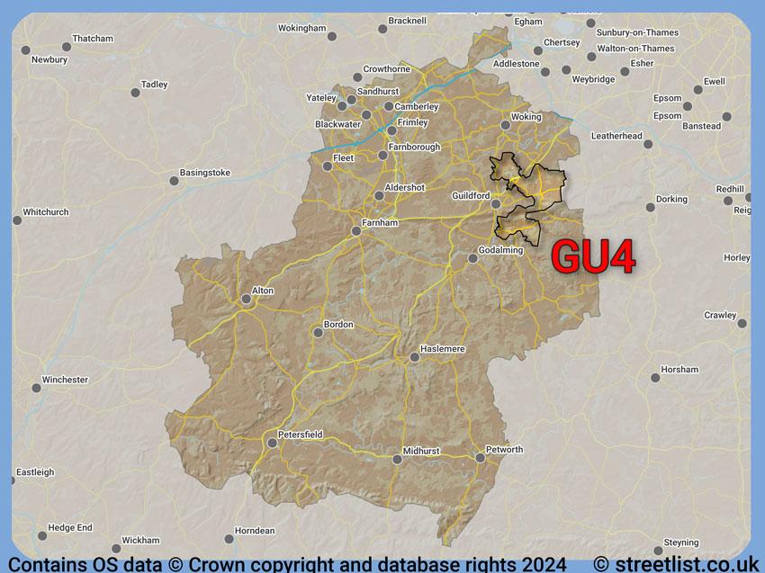 Where the GU4 postcode district lies within the wider  postcode area