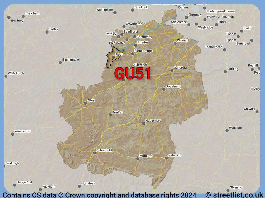 Where the GU51 postcode district lies within the wider  postcode area