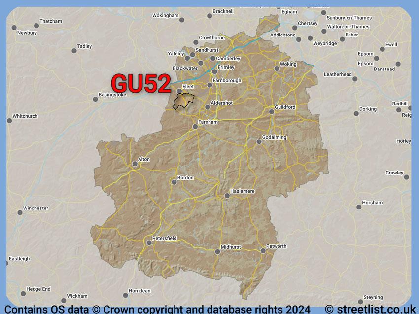 Where the GU52 postcode district lies within the wider  postcode area