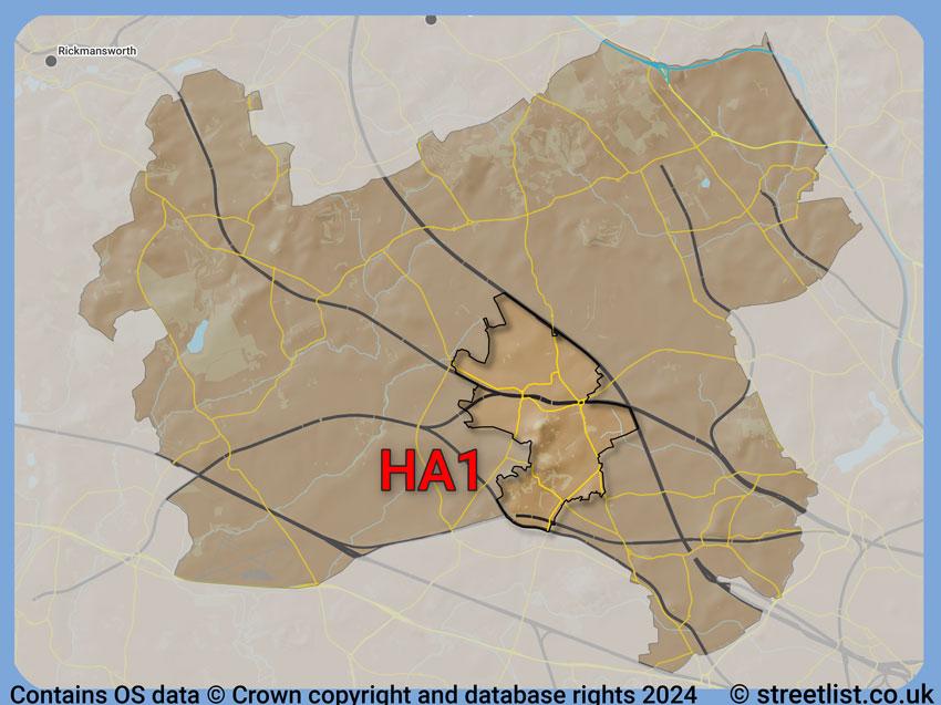 Where the HA1 postcode district lies within the wider  postcode area