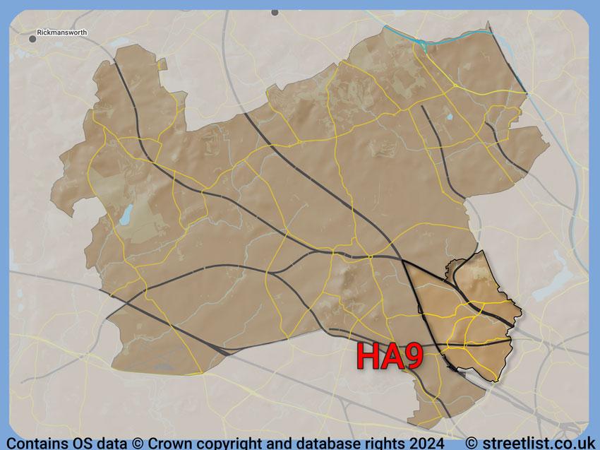 Where the HA9 postcode district lies within the wider  postcode area