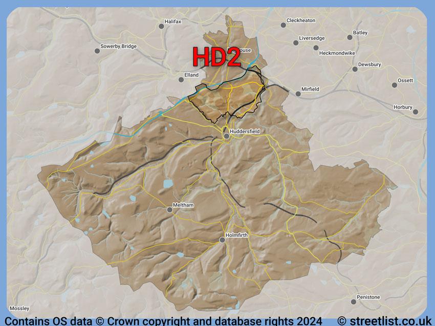 Where the HD2 postcode district lies within the wider  postcode area