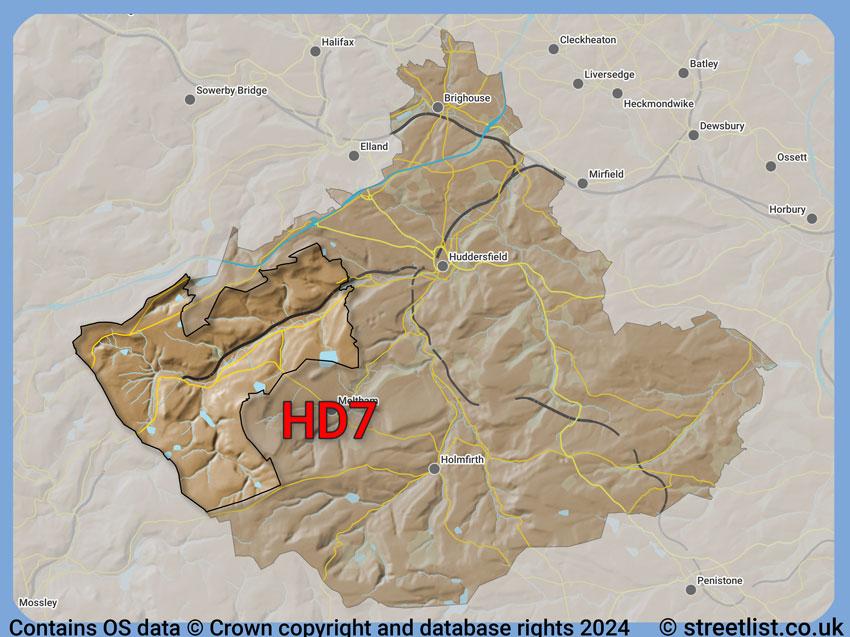 Where the HD7 postcode district lies within the wider  postcode area