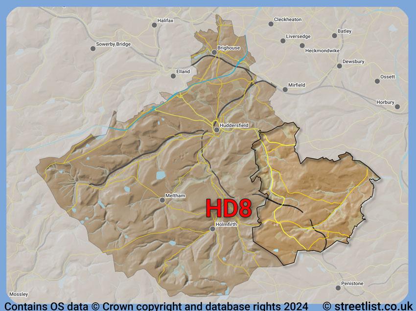 Where the HD8 postcode district lies within the wider  postcode area