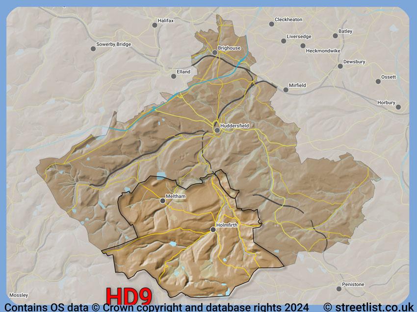 Where the HD9 postcode district lies within the wider  postcode area