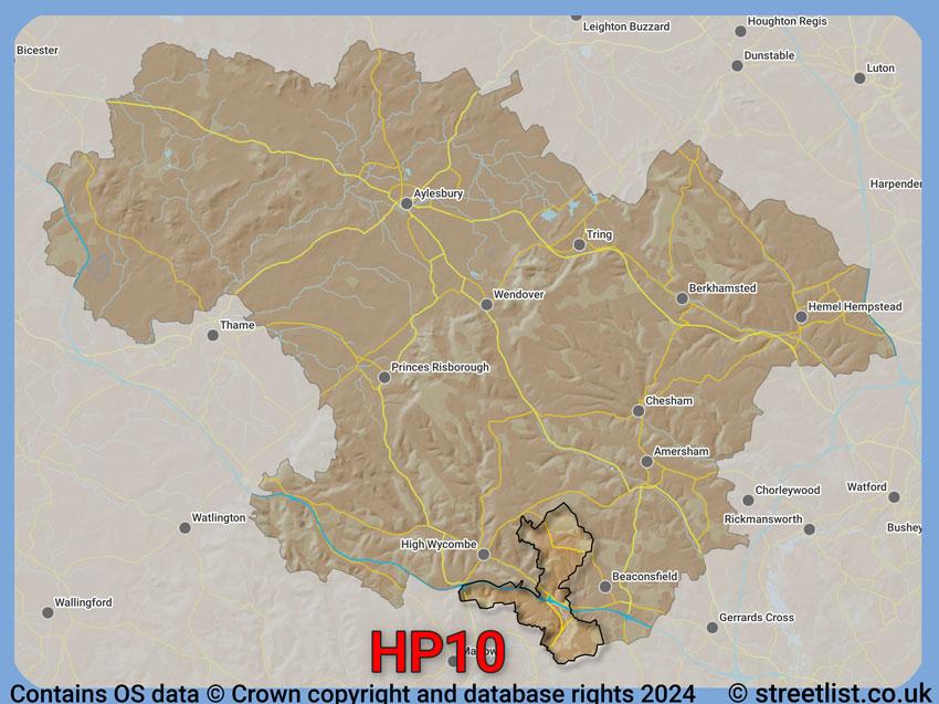 Where the HP10 postcode district lies within the wider  postcode area