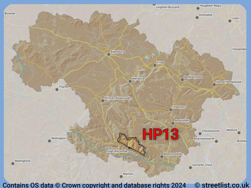 Where the HP13 postcode district lies within the wider  postcode area