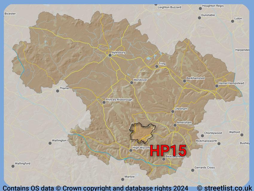 Where the HP15 postcode district lies within the wider  postcode area