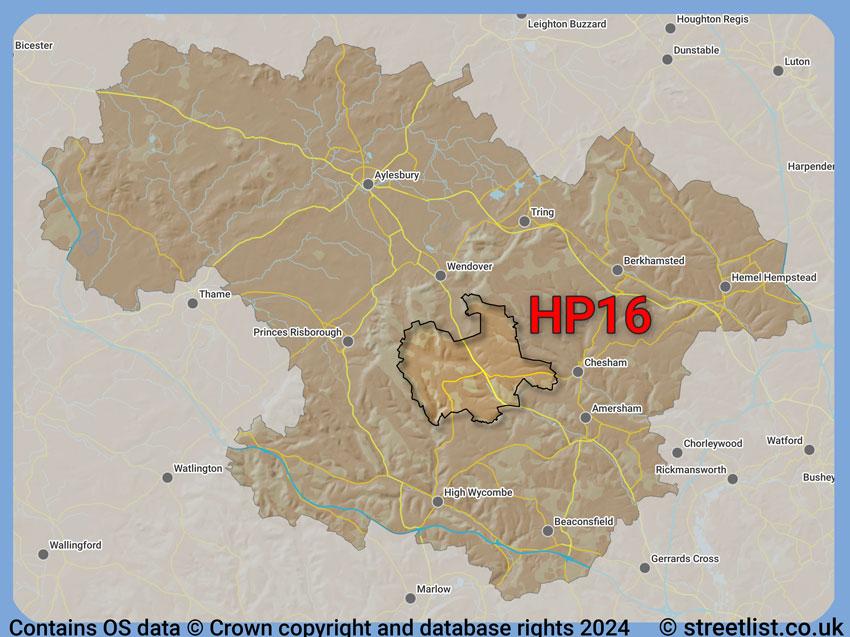 Where the HP16 postcode district lies within the wider  postcode area