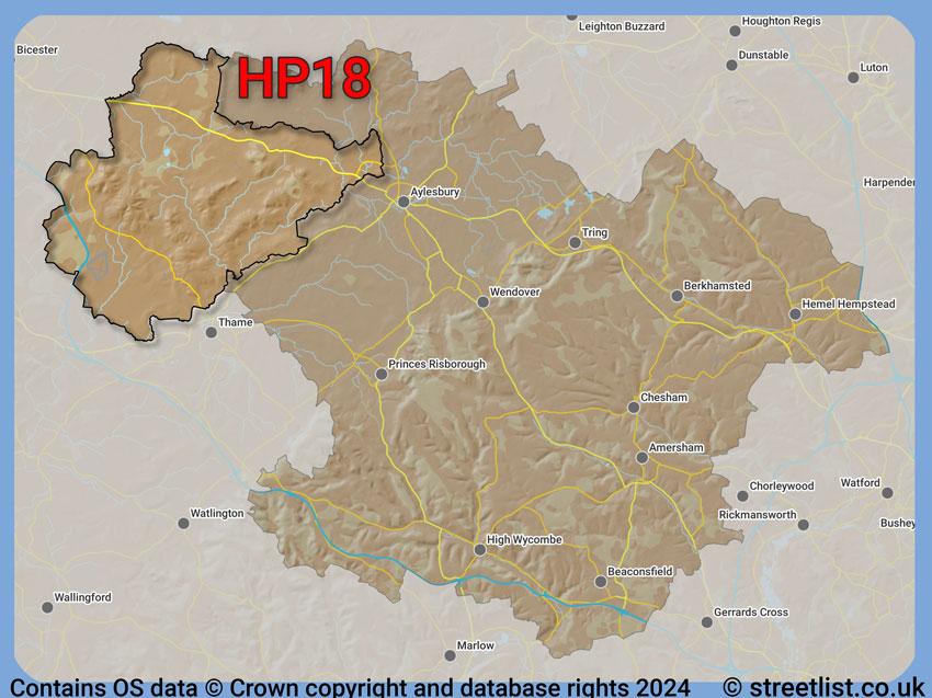 Where the HP18 postcode district lies within the wider  postcode area