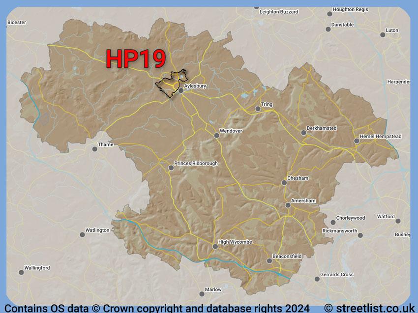 Where the HP19 postcode district lies within the wider  postcode area