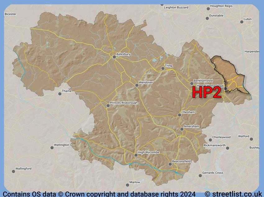 Where the HP2 postcode district lies within the wider  postcode area