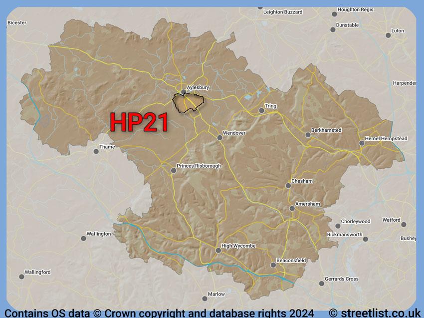 Where the HP21 postcode district lies within the wider  postcode area