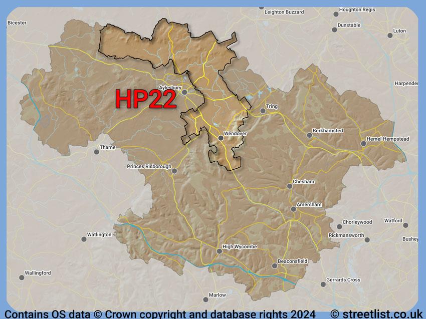 Where the HP22 postcode district lies within the wider  postcode area