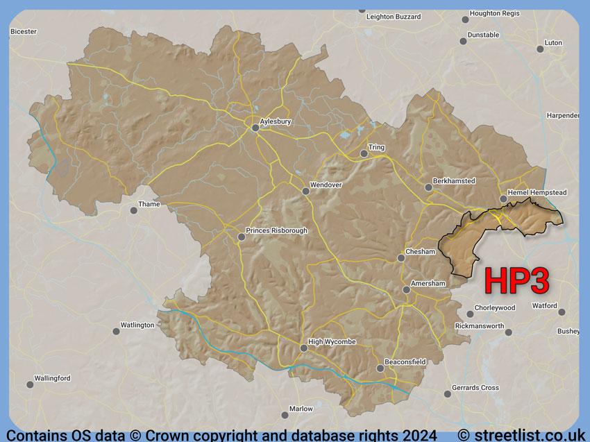 Where the HP3 postcode district lies within the wider  postcode area