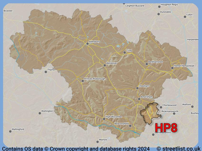 Where the HP8 postcode district lies within the wider  postcode area