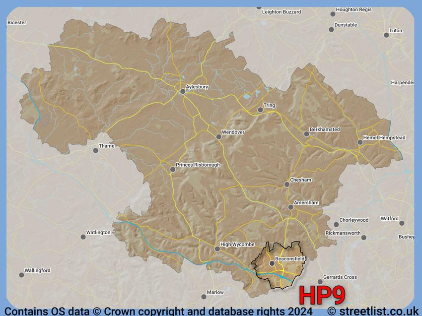 Where the HP9 postcode district lies within the wider  postcode area