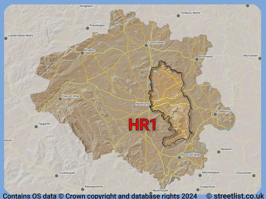 Where the HR1 postcode district lies within the wider  postcode area