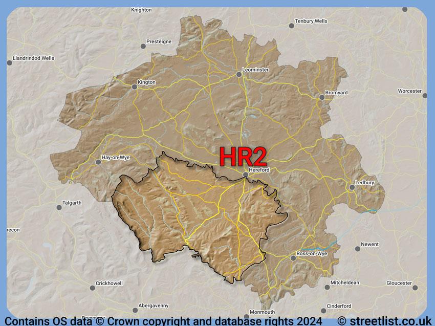 Where the HR2 postcode district lies within the wider  postcode area