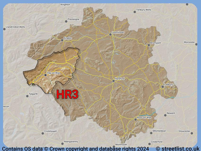 Where the HR3 postcode district lies within the wider  postcode area