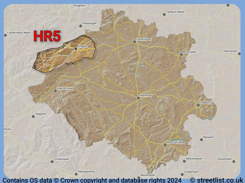 Where the HR5 postcode district lies within the wider  postcode area