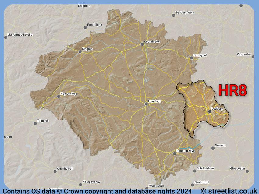 Where the HR8 postcode district lies within the wider  postcode area