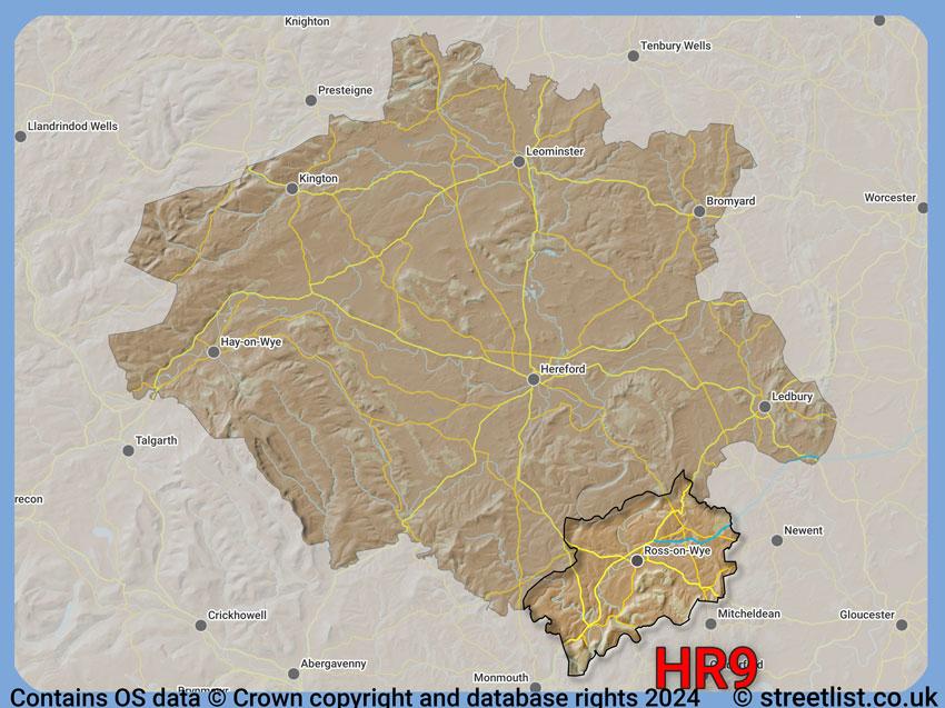 Where the HR9 postcode district lies within the wider  postcode area