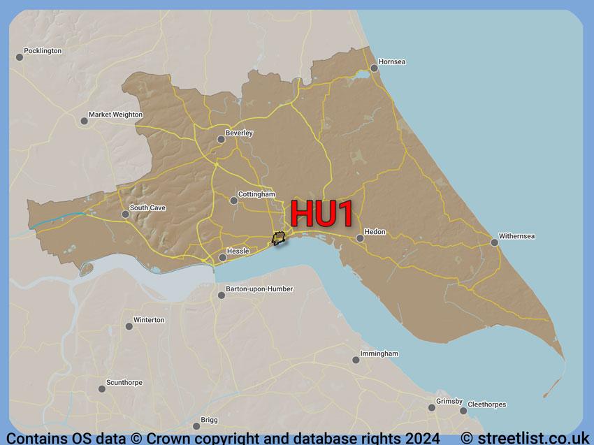 Where the HU1 postcode district lies within the wider  postcode area