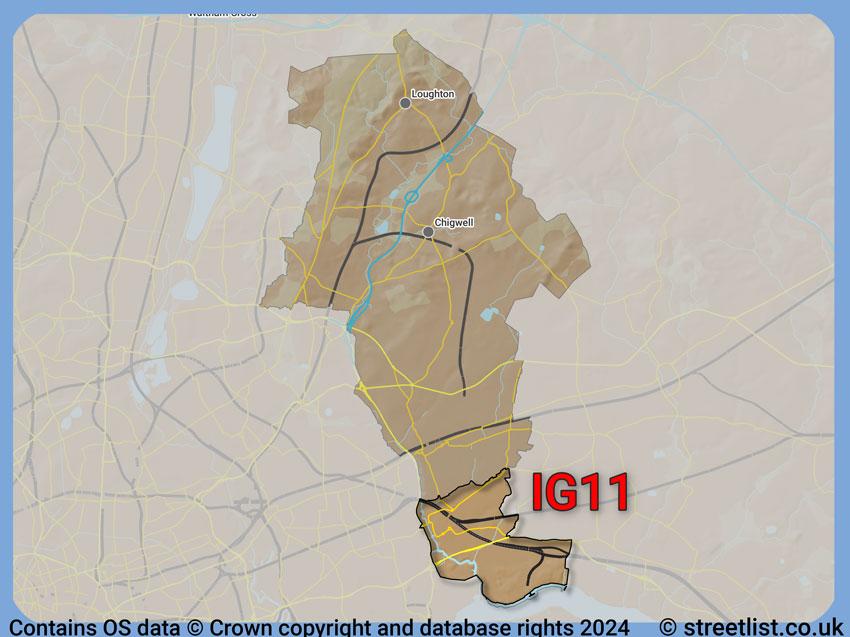 Where the IG11 postcode district lies within the wider  postcode area