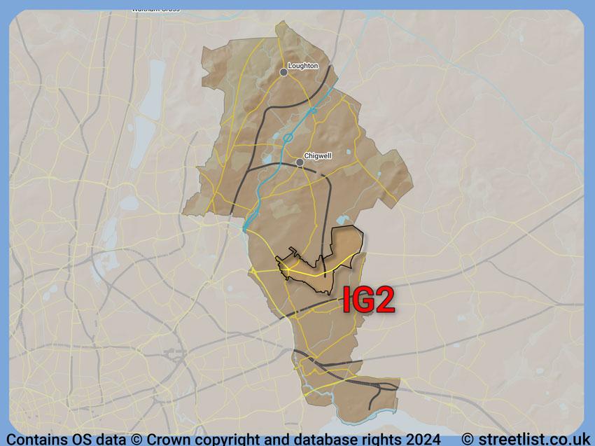 Where the IG2 postcode district lies within the wider  postcode area