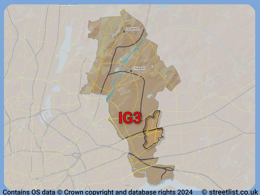 Where the IG3 postcode district lies within the wider  postcode area