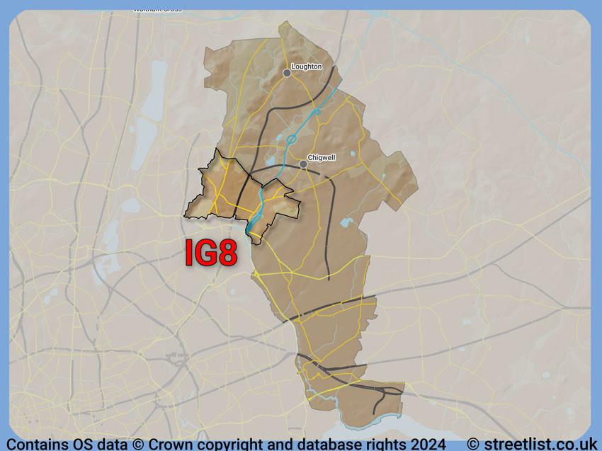 Where the IG8 postcode district lies within the wider  postcode area