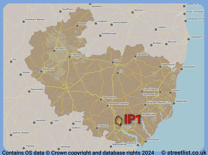 Where the IP1 postcode district lies within the wider  postcode area