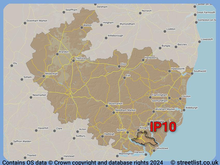 Where the IP10 postcode district lies within the wider  postcode area