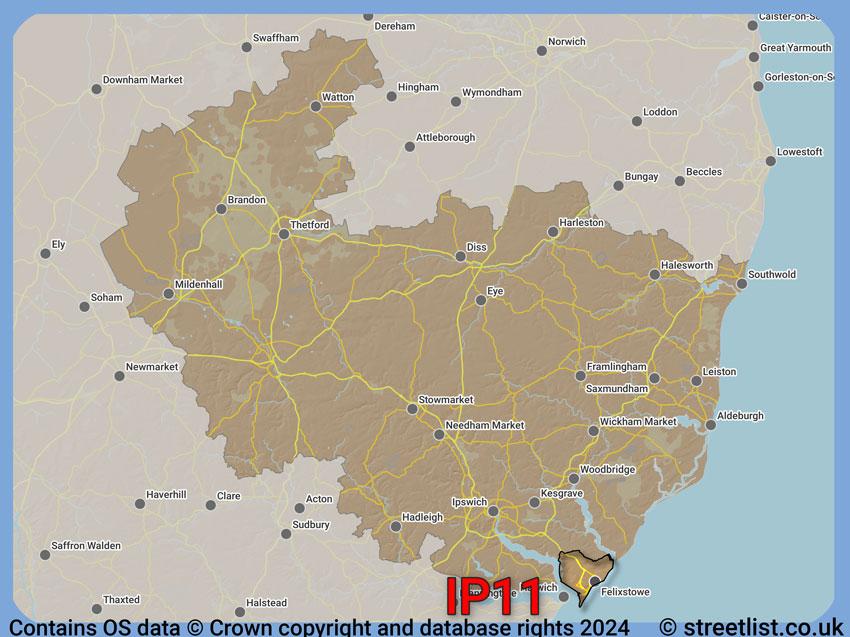 Where the IP11 postcode district lies within the wider  postcode area