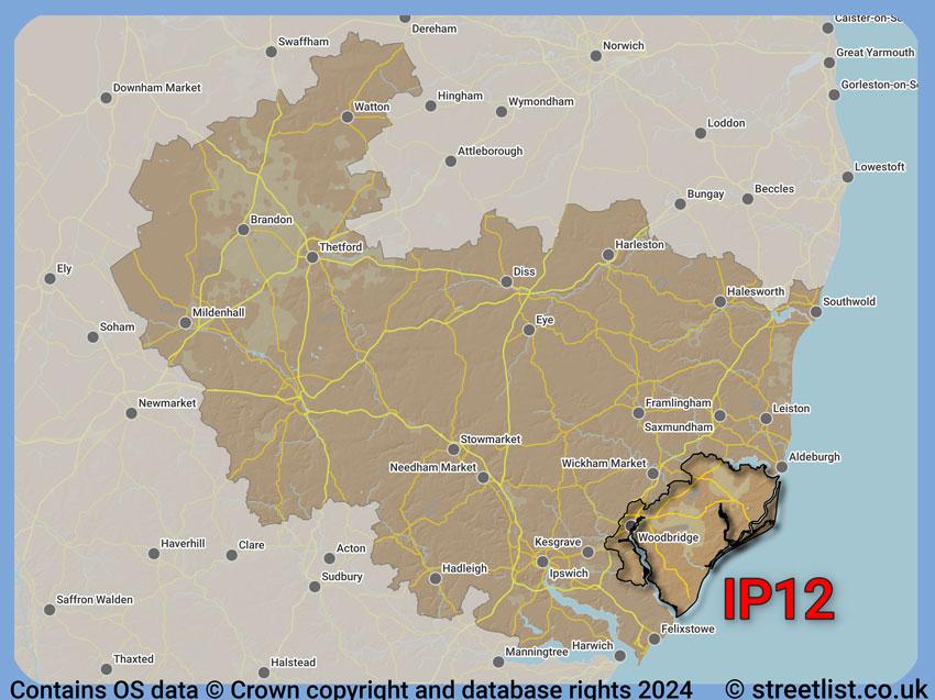 Where the IP12 postcode district lies within the wider  postcode area