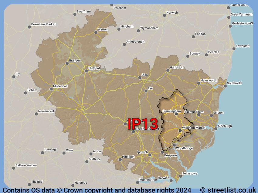 Where the IP13 postcode district lies within the wider  postcode area