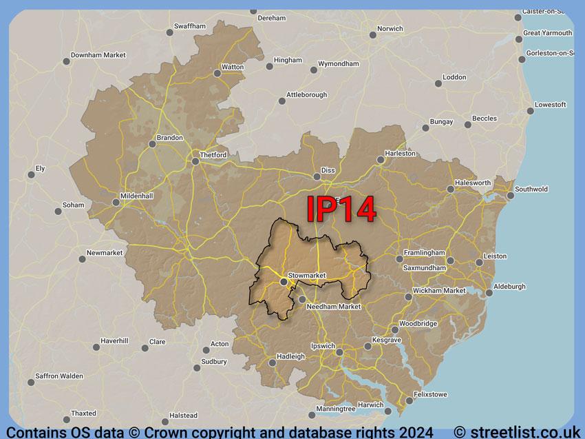 Where the IP14 postcode district lies within the wider  postcode area