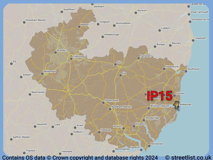 Where the IP15 postcode district lies within the wider  postcode area