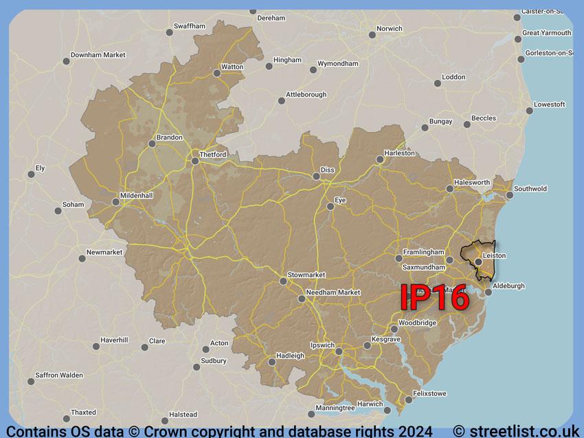 Where the IP16 postcode district lies within the wider  postcode area