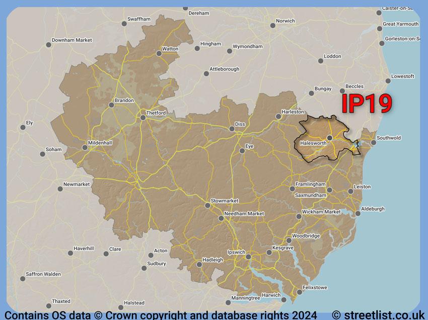 Where the IP19 postcode district lies within the wider  postcode area