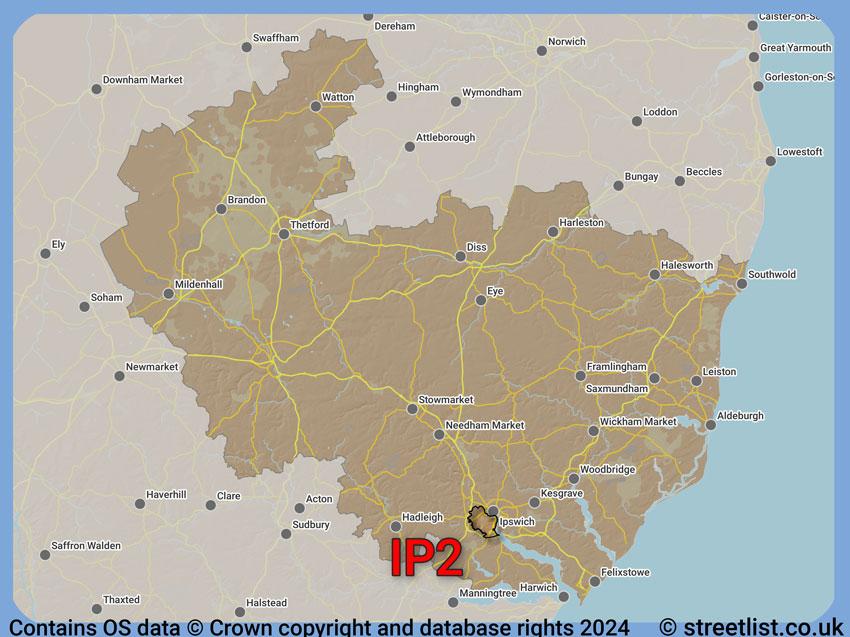 Where the IP2 postcode district lies within the wider  postcode area