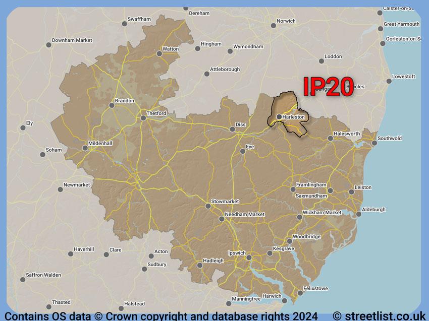 Where the IP20 postcode district lies within the wider  postcode area