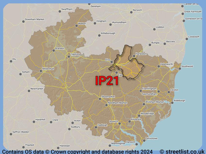 Where the IP21 postcode district lies within the wider  postcode area