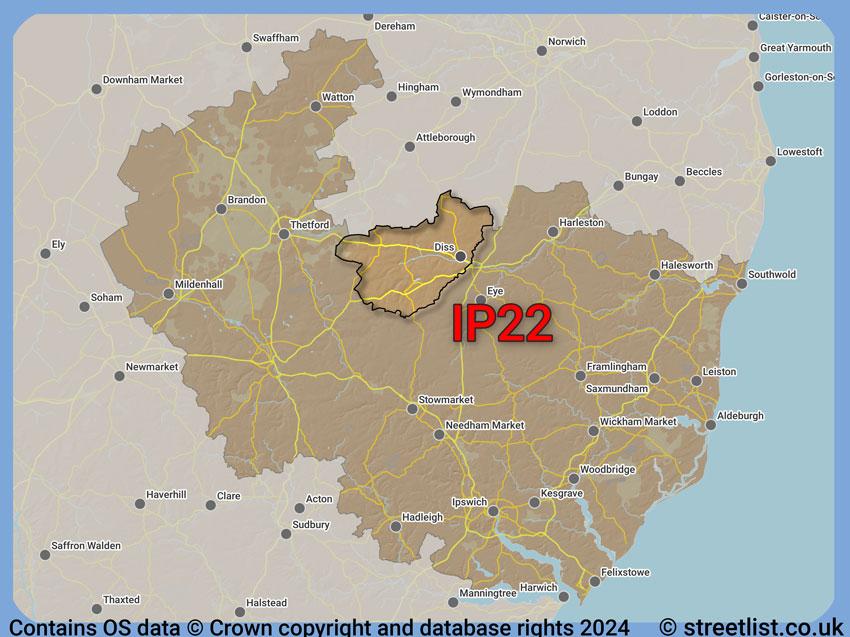 Where the IP22 postcode district lies within the wider  postcode area